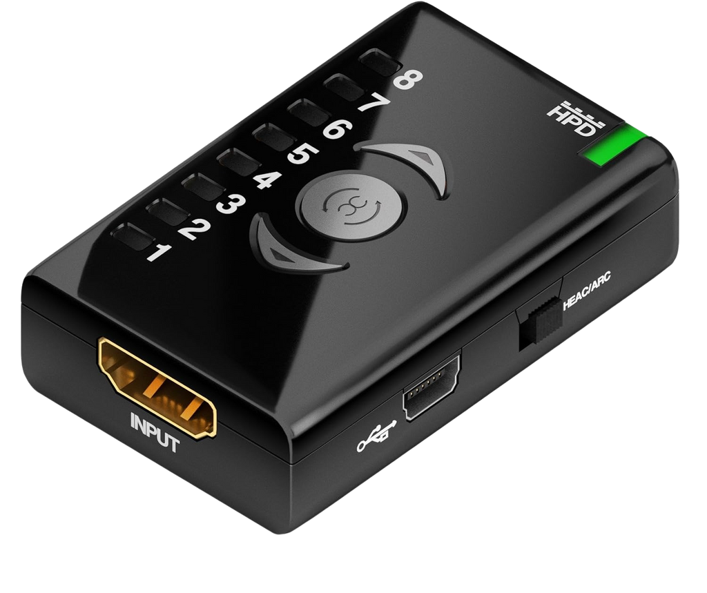 جهة الإدخال في Dr HDMI مع مدخل HDMI ومنفذ Mini-USB ومفتاح HEAC/ARC