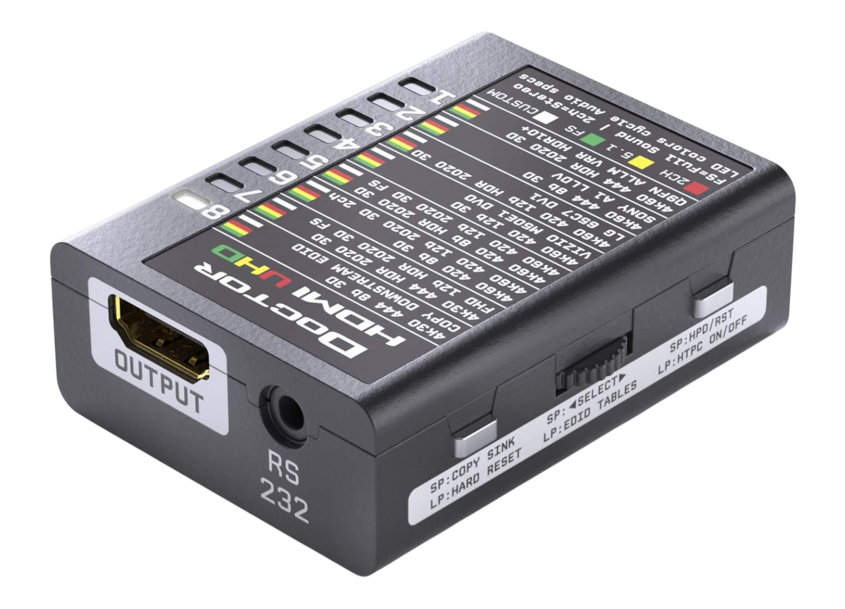 Dr HDMI 4K من جهة الخرج، وعليه جدول بنوك EDID لوضع UHD مطبوعًا على الغطاء