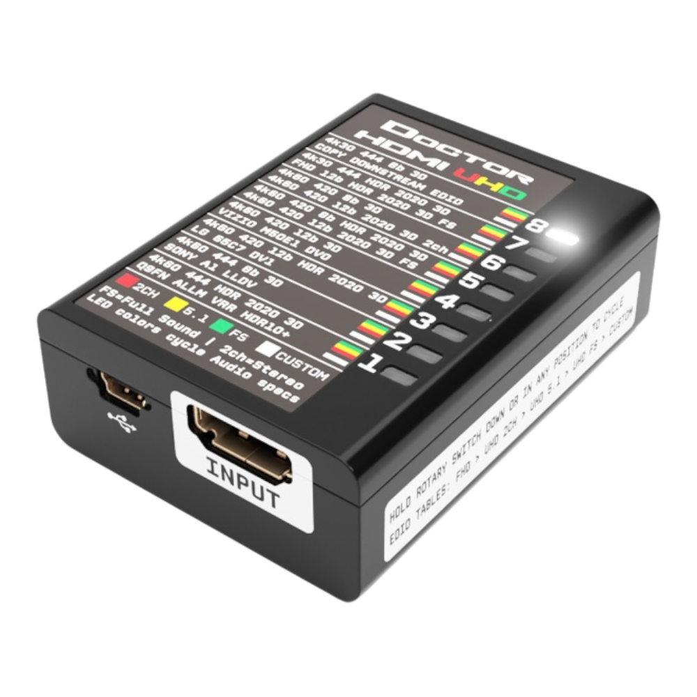 جهة الدخل في Dr HDMI 4K، وفيها مدخل HDMI ومنفذ mini USB وجدول EDID لوضع UHD في الأعلى