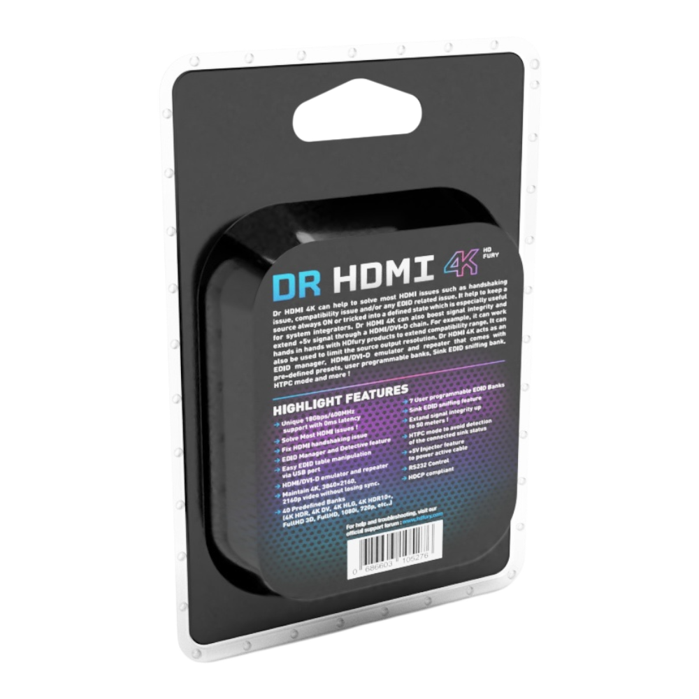 عبوة Dr HDMI 4K، الوجه الخلفي، وعليها المواصفات