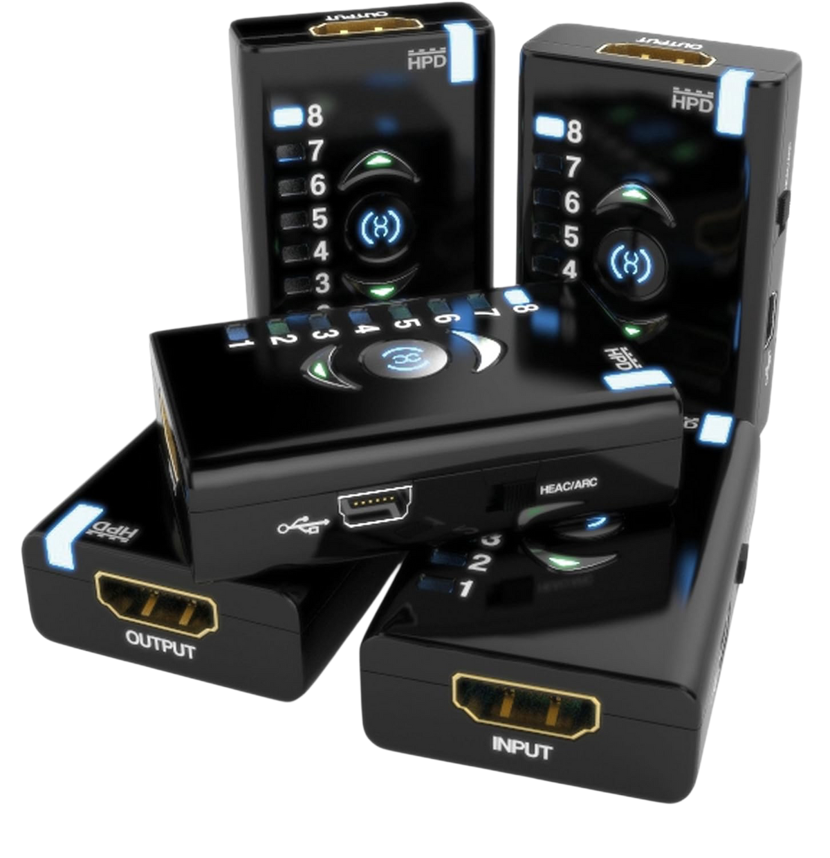خمس وحدات Dr HDMI من زوايا مختلفة مع مدخل ومخرج HDMI ومنفذ Mini-USB ومفتاح HEAC/ARC