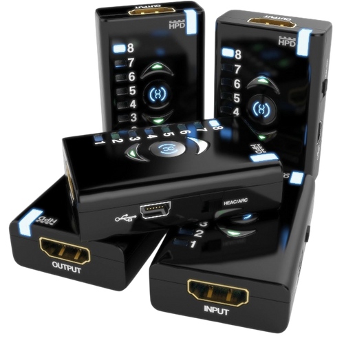 خمس وحدات Dr HDMI من زوايا مختلفة مع مدخل ومخرج HDMI ومنفذ Mini-USB ومفتاح HEAC/ARC