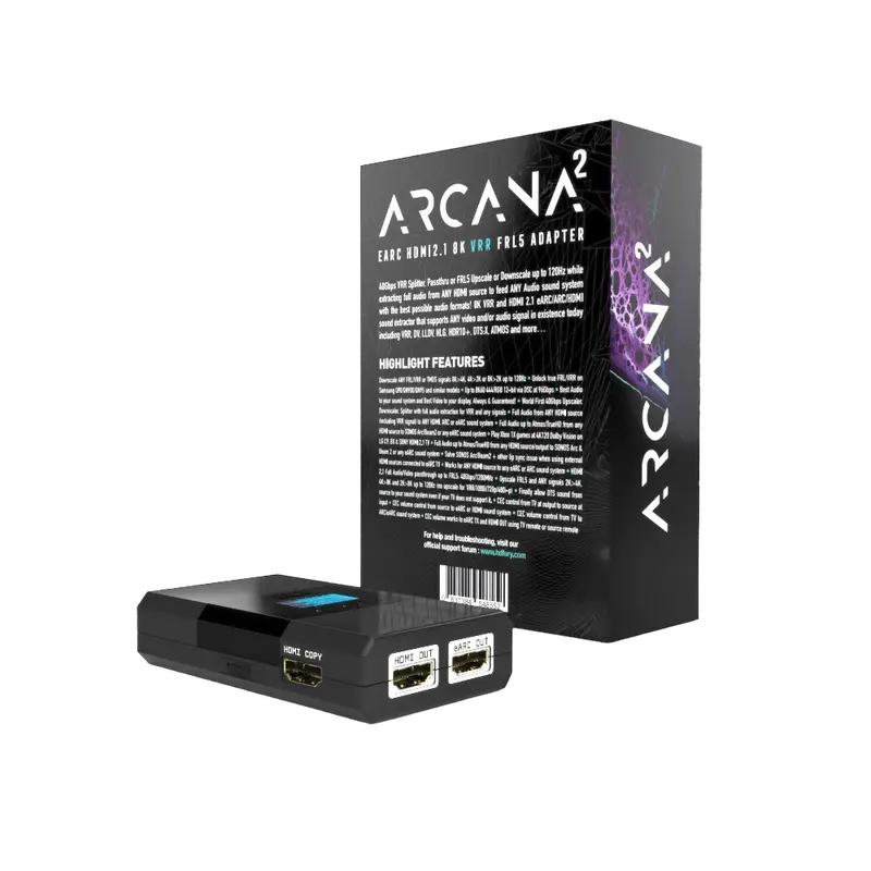 منافذ HDfury Arcana 2 الخلفية: مدخل HDMI ومخرجا HDMI ومخرج eARC