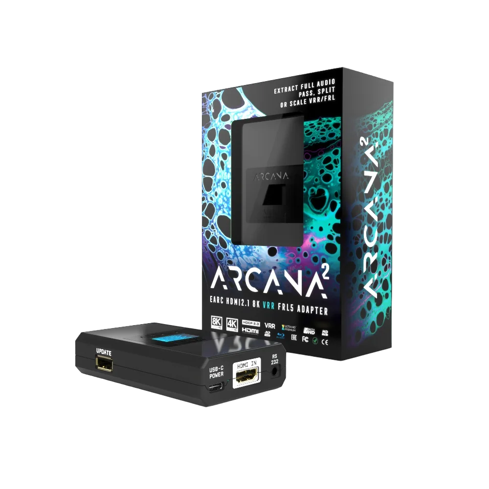 محوّل HDfury Arcana 2 eARC بدقة 8K، منظر أمامي مع شاشة OLED