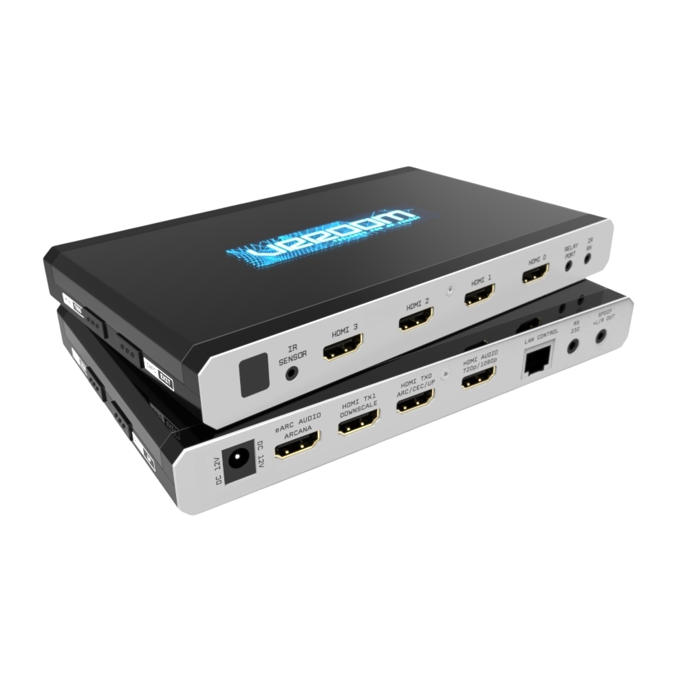 HDfury VRROOM: مصفوفة HDMI 2.1 بدقة 8K وسكيلر ومستخرج صوت eARC، منظر أمامي مع شاشة OLED