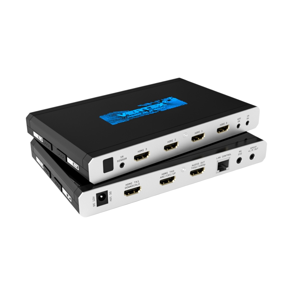 مصفوفة HDMI 4x2 من HDfury Vertex 2 معروضة مرتين فوق بعضها: مداخل HDMI الأربعة في الأعلى، وفي الأسفل مخرجا معالج التحجيم TX0 وTX1، ومخرج مستخرج الصوت، وLAN، وRS232، وS/PDIF