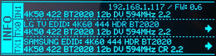 شاشة معلومات OLED في HDfury Vertex 2 تعرض عنوان IP 192.168.1.117 والبرنامج الثابت 0.6 وإشارة Dolby Vision الداخلة بدقة 4K50 4:2:2 بعمق 12-bit وما يرسله معالج التحجيم إلى شاشتَي LG وSamsung على TX0 وTX1