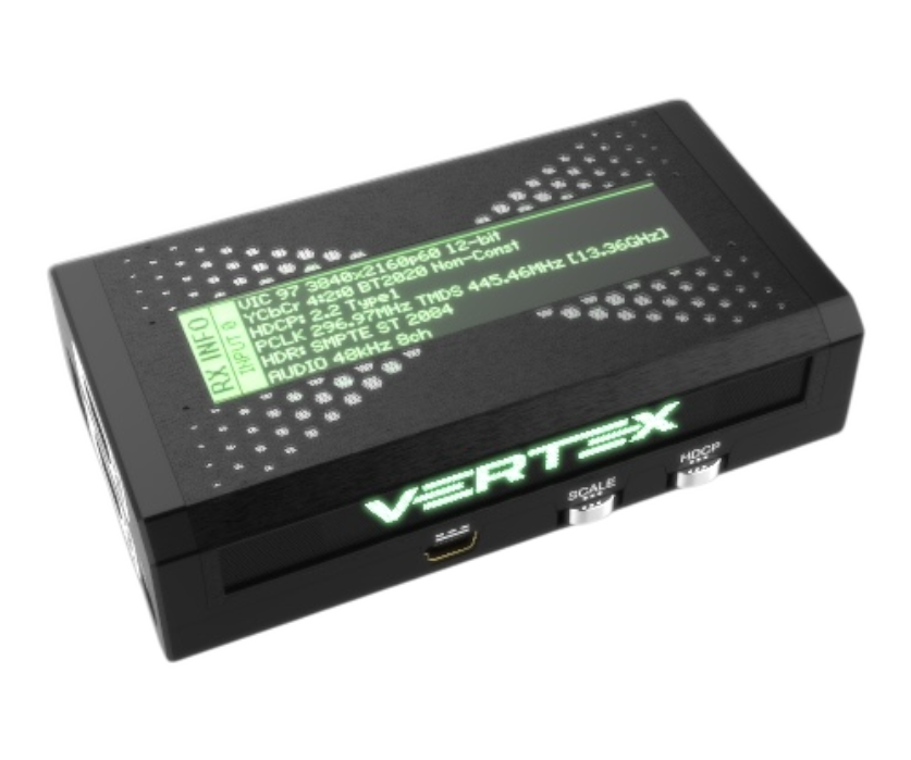 RX INFO على OLED في HDfury Vertex: 3840x2160p60 12-bit، YCbCr 4:2:0 BT2020، HDCP 2.2، HDR SMPTE ST 2084، صوت 8 قنوات