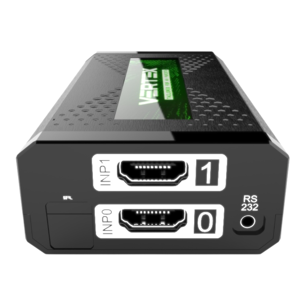 جهة المداخل في HDfury Vertex: مدخلا HDMI ‏INP0 وINP1 ومستقبل IR ومنفذ RS232