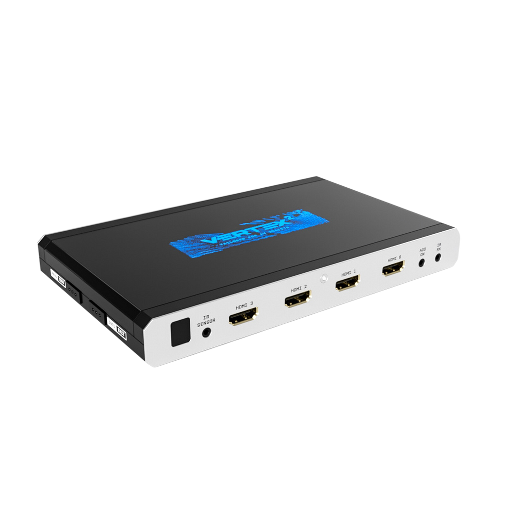مصفوفة وموزّع ومعالج تحجيم HDMI 4x2 من HDfury Vertex 2 على خلفية بيضاء، تُظهر مداخل HDMI الأربعة بسرعة 18Gbps وشعار Vertex 2 الأزرق على الغطاء
