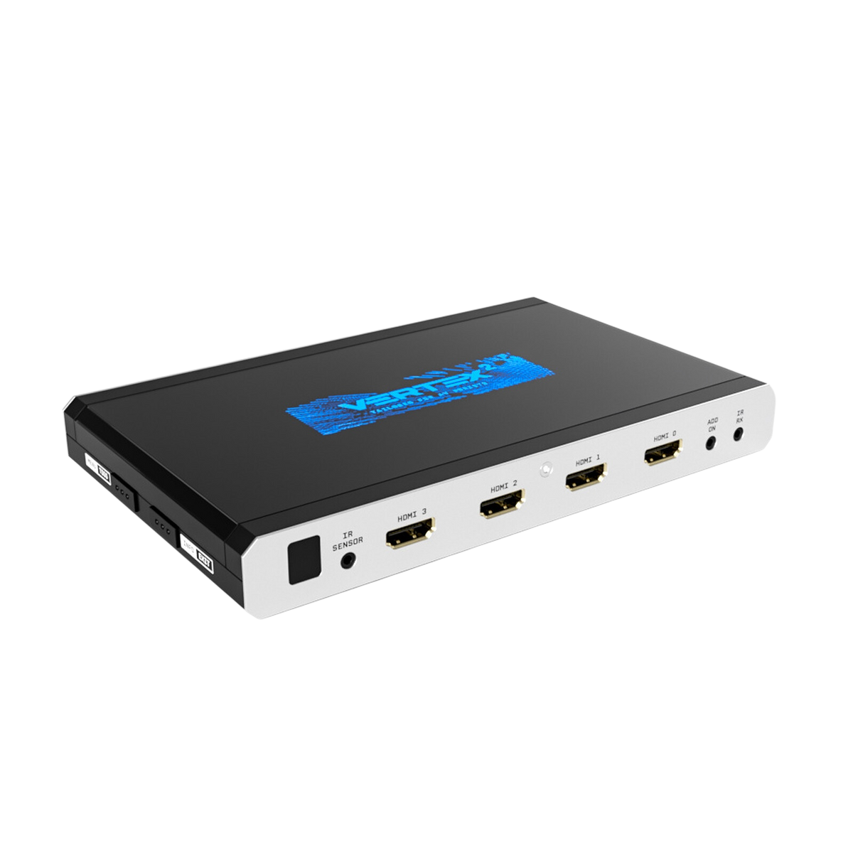مصفوفة وموزّع ومعالج تحجيم HDMI 4x2 من HDfury Vertex 2 على خلفية بيضاء، تُظهر مداخل HDMI الأربعة بسرعة 18Gbps وشعار Vertex 2 الأزرق على الغطاء