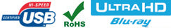 شعارات USB Certified Hi-Speed وRoHS وUltra HD Blu-ray
