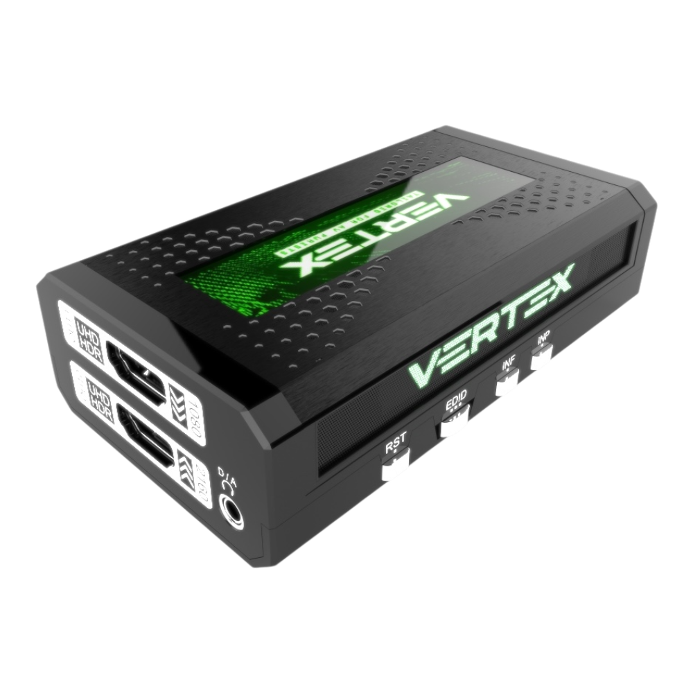 HDfury Vertex موزّع ومحوّل دقّة HDMI 2.0b: مخارج HDMI ومقبس الصوت D/A وأزرار RST وEDID وINF وINP
