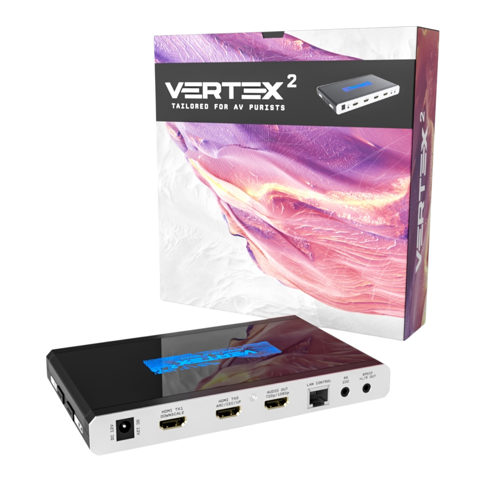 علبة بيع HDfury Vertex 2 بجانب الوحدة، مع ظهور مخرجَي معالج التحجيم TX0 وTX1 ومخرج الصوت