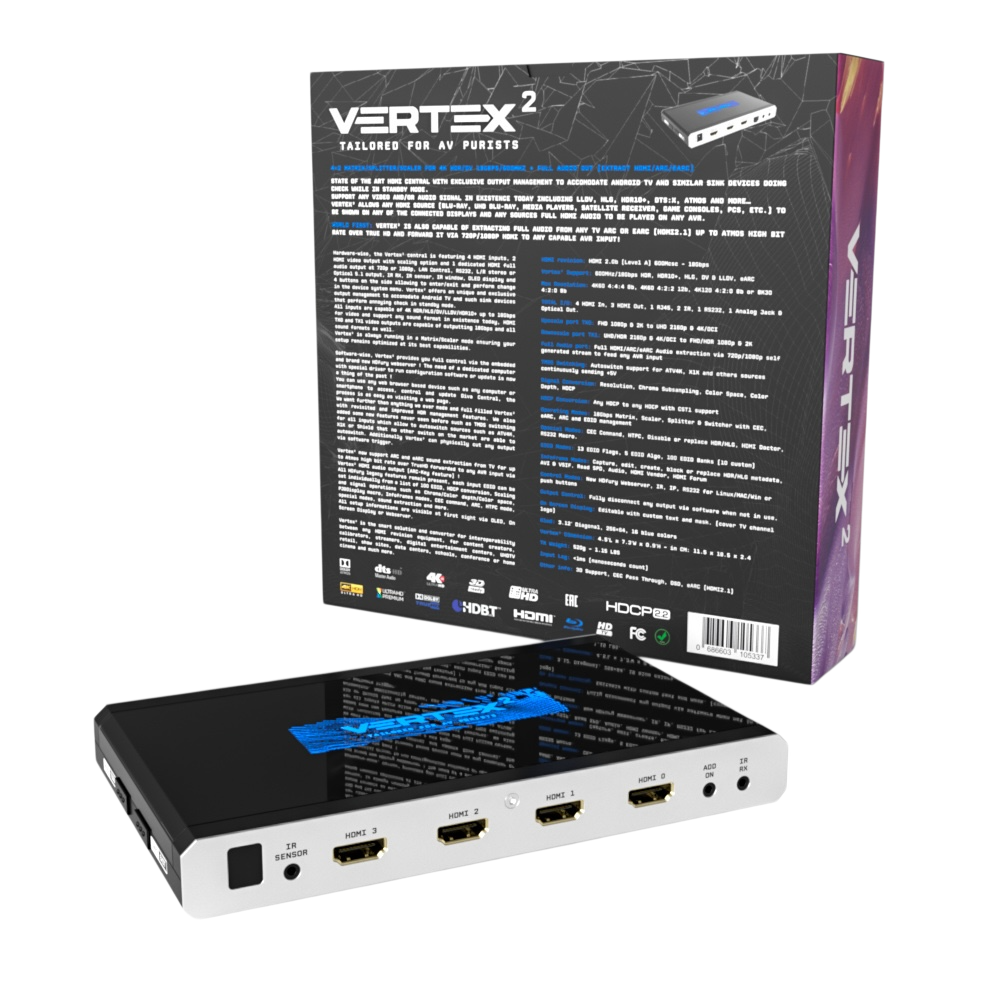 ظهر علبة بيع HDfury Vertex 2 بنصّ المواصفات الكامل، بجانب الوحدة التي تُظهر مداخل المصفوفة HDMI الأربعة